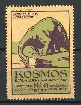 Reklamemarke Kosmos Handweiser f. Naturfreunde, Serie Tier der Vorwelt 6, Brontosaurus, Untere Kreide, Dinosaurier