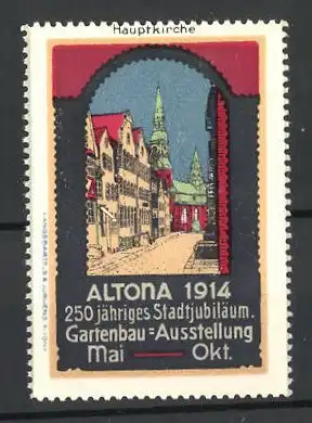 Reklamemarke Altona, Gartenbau-Ausstellung 1914, Ansicht der Hauptkirche