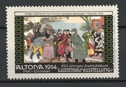 Künstler-Reklamemarke Kampf, Altona, Gartenbau-Ausstellung 1914, Blücher empfängt vertriebene Hamburger 1813