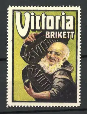 Reklamemarke Victoria Brikett, betagter Herr mit zwei grossen Kohlestücken