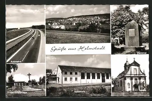 AK Helmstadt, Gesamtansicht, am Denkmal, die Autobahn, an der Sporthalle, an der Kirche