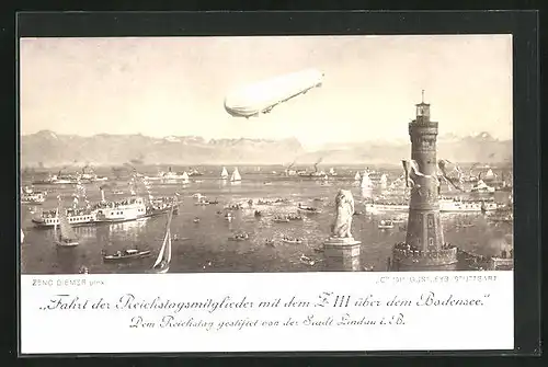 Künstler-AK Zeno Diemer: Lindau i. B., Fahrt der Reichstagsmitglieder mit dem Zeppelin ZIII über dem Bodensee
