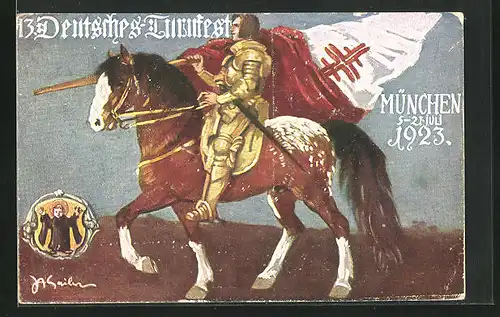 Künstler-AK München, 13. Deutsches Turnfest 1923, Ritter mit Fahne zu Pferde