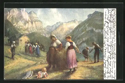 AK Pro Juventute, Bauern mit kleinem Kind bei der Heuernte 1894