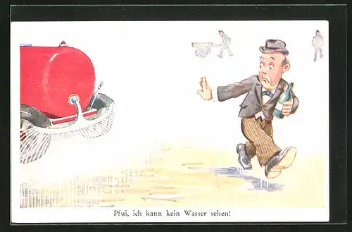 AK Mann läuft mit Flasche vor Auto, Trinkerhumor