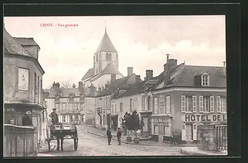 AK Cepoy, Strassenpartie mit Hotel und Kirche