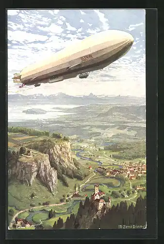 Künstler-AK Zeno Diemer: Zeppelin über der Erde