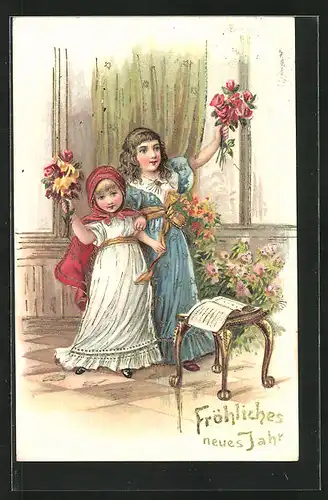 Präge-AK Zwei kleine Mädchen mit Blumensträussen, Neujahrsgruss