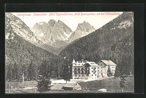 AK Schluderbach / Ampezzotal, Hotel Sigmundsbrunn, Alois Baumgartner mit den Cadinispitzen