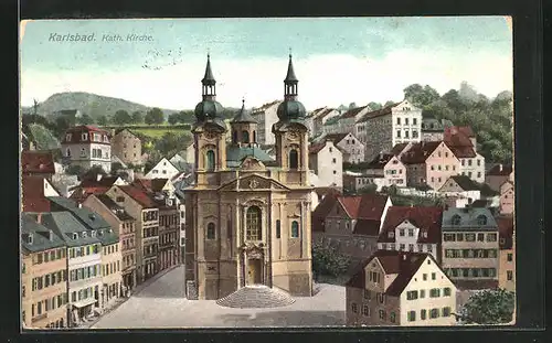 AK Karlsbad, Kath. Kirche im Stadtzentrum