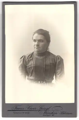 Fotografie Franz Xaver Spiegl, München, Goethestrasse 42, Portrait bürgerliche Dame im hübschen Kleid