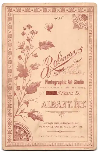 Fotografie Rabineau, Albany, N. Y., 9 & 11, N. Pearl St., Portrait niedliches Baby im weissen Kleid auf Stuhl sitzend