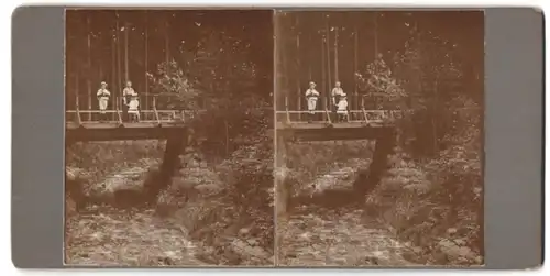 Stereo-Fotografie unbekannter Fotograf und Ort, Wandern im Wald, Brücke an einem Bach