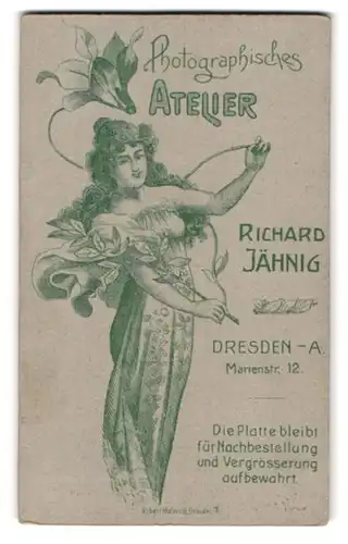 Fotografie Richard Jähnig, Dresden, Marienstr. 12, Jugendstil Darstellung junge Frau im Blumenkleid