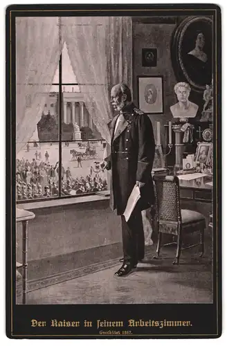 Fotografie unbekannter Fotograf und Ort, Portrait Kaiser Wilhelm I. in Uniform in seinem Arbeitszimmer
