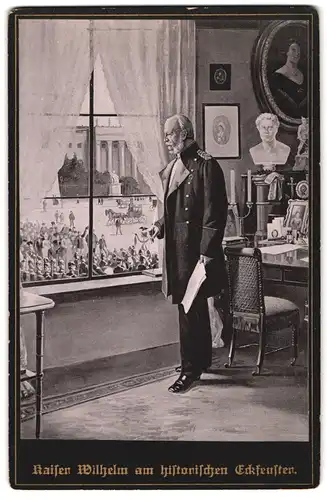 Fotografie unbekannter Fotograf und Ort, Portrait Kaiser Wilhelm I. am historischen Eckfenster im Arbeitszimmer