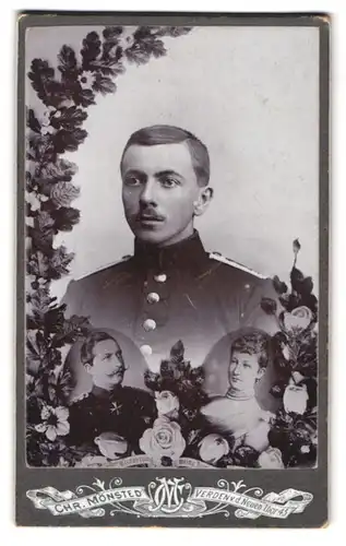 Fotografie Chr. Mönsted, Verden, v. d. neuen Thor 43, Portrait Soldat in Unifrom Rgt. 2, Porträt Kaiser Wilhelm II