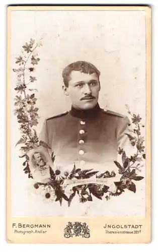 Fotografie F. Bergmann, Ingolstadt, Theresienstr. 329, bayrischer Soldat in Uniform mit Schulerklappen, Bild Ludwig II