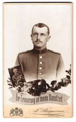 Fotografie F. Bergmann, Ingolstadt, Theresienstr. 329, bayrischer Soldat Binder in Uniform Rgt. 13, Bildnis Ludwig III.