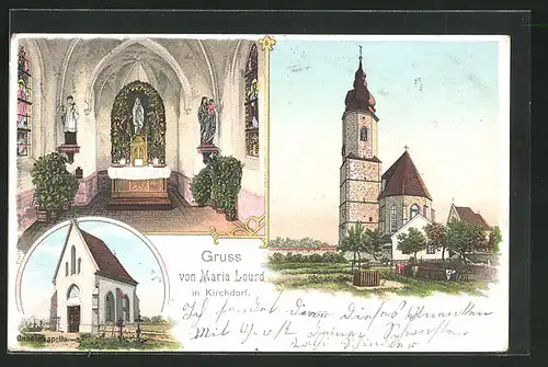 Lithographie Kirchdorf, Innen- und Aussenansicht von Maria Lourd, Gnadenkapelle