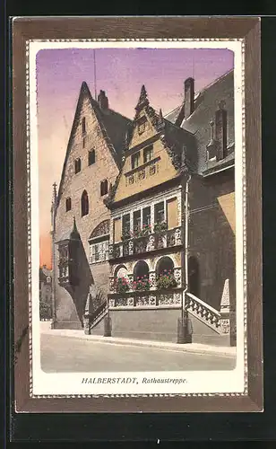 Passepartout-AK Halberstadt, Rathaustreppe