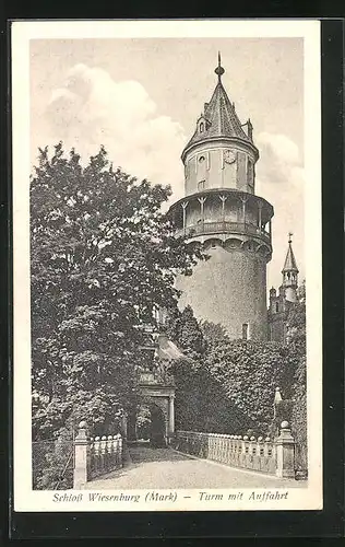 AK Wiesenburg i. d. M., Schloss und Turm mit Auffahrt
