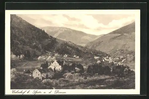 AK Spitz a. d. Donau, Panoramablick auf die Ortschaft mit Gebirge im Hintergrund