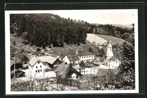 AK Kirchau, Ortsansicht mit Blick auf Kirche und Gastwirtschaft