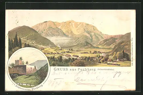 Lithographie Puchberg, Ortschaft gegen Berg mit Schneebergbahn