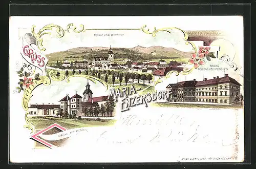 Lithographie Maria-Enzersdorf, Kirche mit Kloster, Neues Schloss Liechtenstein