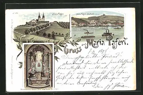 Lithographie Marbach a. d. Donau, Teilansicht, Maria Taferl, Gnaden-Altar in der Kirche