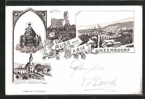 Lithographie Maria Enzersdorf, Teilansicht, Schloss Liechtenstein, Maria Enzersdorf Kirche und Gnadenbild