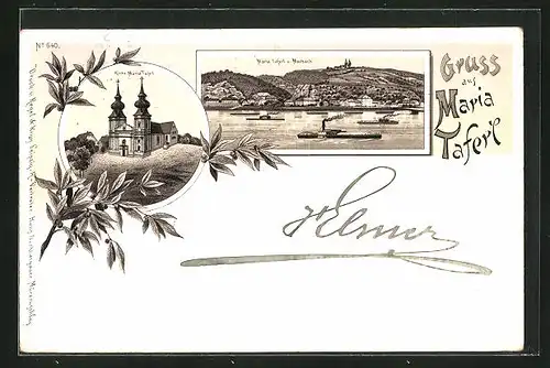 Lithographie Marbach, Teilansicht mit Maria Taferl, Kirche Maria Taferl