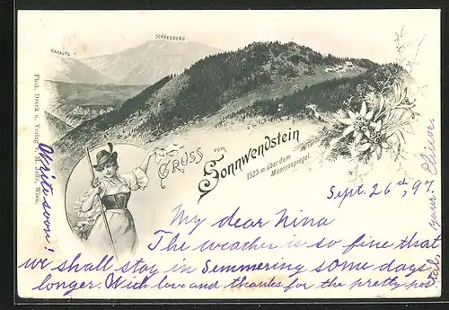 AK Schottwien, Blick zum Sonnwendstein, Frau in Tracht