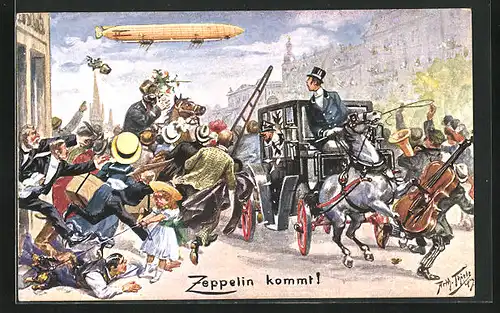 Künstler-AK Arthur Thiele: Zeppelin kommt!, Kutsche und Menschenmenge auf der Strasse