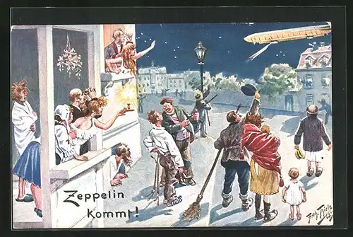 Künstler-AK Arthur Thiele: Zeppelin kommt!, Menschenmenge auf der Strasse