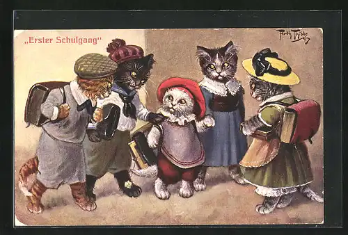 Künstler-AK Arthur Thiele: Katzenkinder beim ersten Schulgang