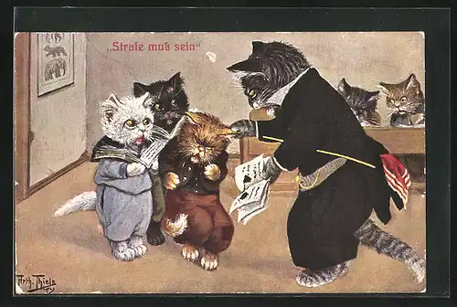 Künstler-AK Arthur Thiele: Strafe muss sein, Katzenlehrer zieht kleinen Kater am Ohr