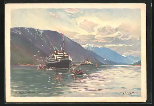 Künstler-AK Willy Stoewer: Odde, Passagierschiff am Hardanger-Fjord