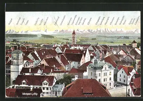 AK Wangen / Allgäu, Blick über die Dächer der Stadt mit Alpenpanorama