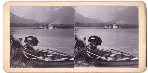 Stereo-Fotografie unbekannter Fotograf, Ansicht Königssee, Blick auf Wallfahrtskirche St. Bartholomä
