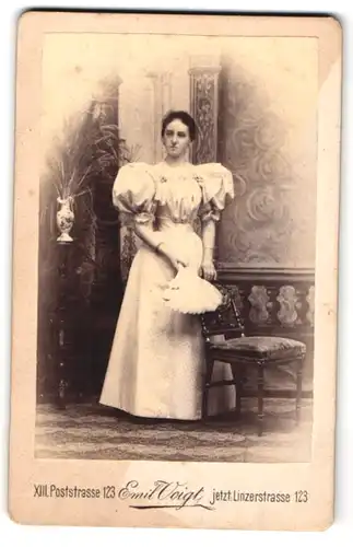 Fotografie Emil Voigt, Wien, Linzerstrasse 123, Portrait bürgerliche Dame mit Fächer an Stuhl gelehnt