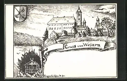 Künstler-AK Weyarn, Schloss mit Wappen