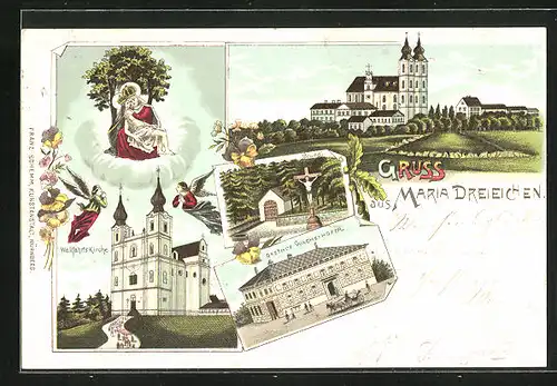 Lithographie Maria Dreieichen, Gasthof Wacheihofer, Wallfahrts-Kirche und Gnadenbild, Bründl