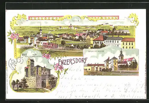 Lithographie Maria-Enzersdorf, Totalansicht, Altes Schloss Liechtenstein, Kirche mit Kloster