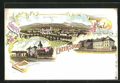 Lithographie Maria-Enzersdorf, Totalansicht vom Bahnhof, Neues Schloss Liechtenstein, Kirche mit Kloster