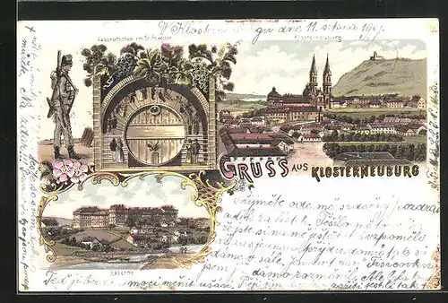 Lithographie Klosterneuburg, Fassrutschen im Stiftskeller, Kaserne, Teilansicht
