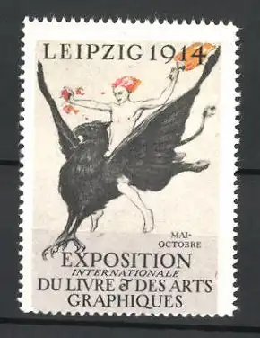 Reklamemarke Leipzig, Exposition Internationale du Livre & des Arts Graphiques 1914, nackter Mann mit Fackel auf Greif
