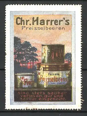 Reklamemarke Feinste Preiselbeeren der Firma Chr. Harrer's, Dosen bei Sonnenuntergang