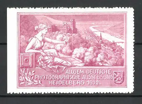 Reklamemarke Heidelberg, Allgemeine Deutsche Photgraphische Ausstellung 1912, Göttin am Stadtrand, Stadtwappen